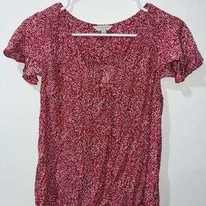 Lucky Floral Red White Flutter Sleeve Flowy Women's Button Top Size Small ga